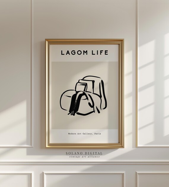 Lagom Life Scandinavian Wall Art Minimalist Line Print Neutral Beige Poster Gallery Decor
