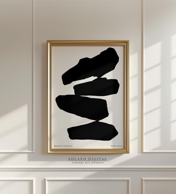 Abstract Rock Stack Wall Art Minimalist Boho Black Shape Poster Neutral For Modern Living Room Or Office Decor