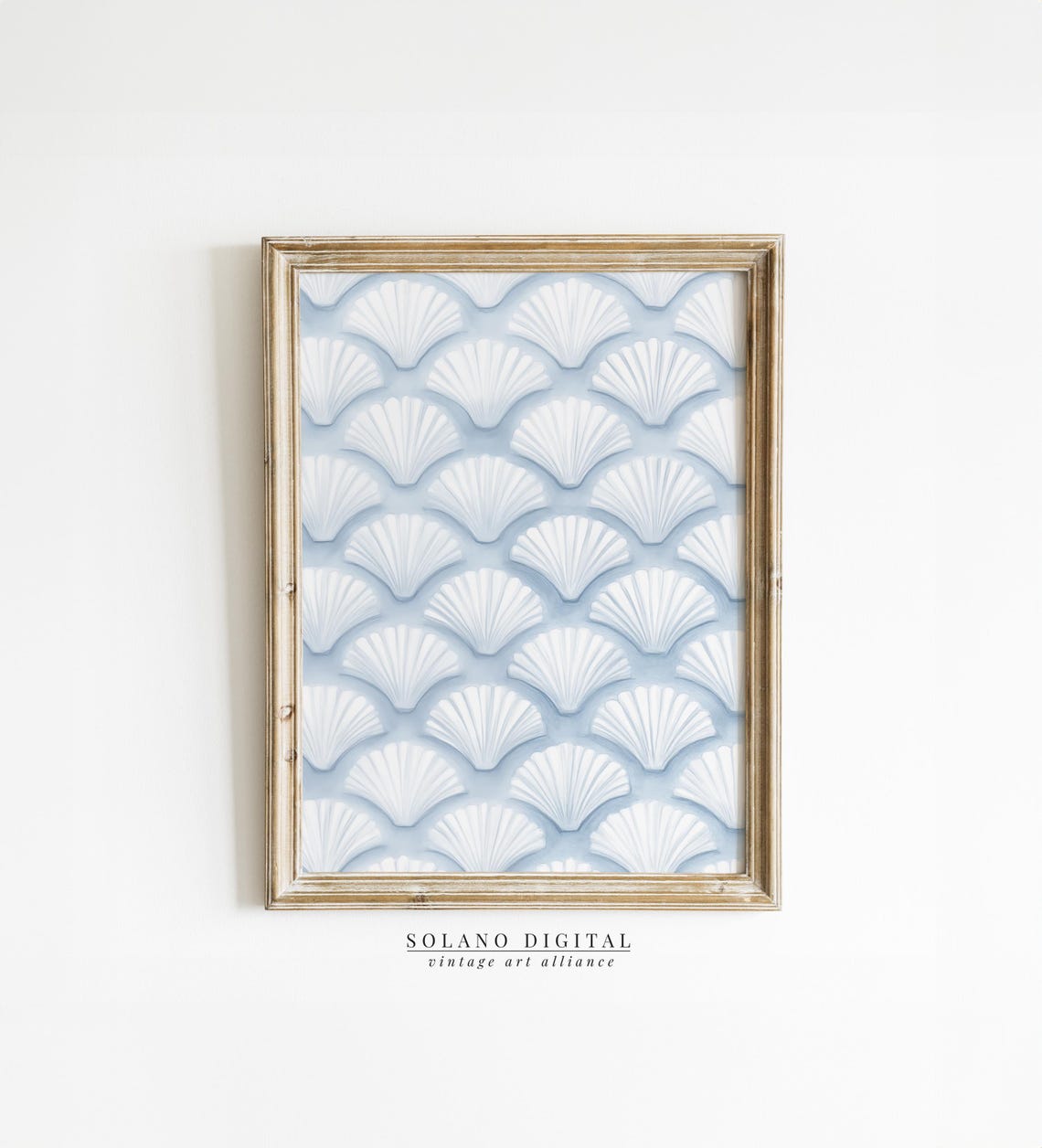 Sea Shell Poster White Scallop Pattern Pale Blue Coastal Vintage Decor