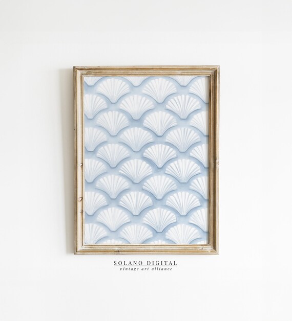 Sea Shell Poster White Scallop Pattern Pale Blue Coastal Vintage Decor