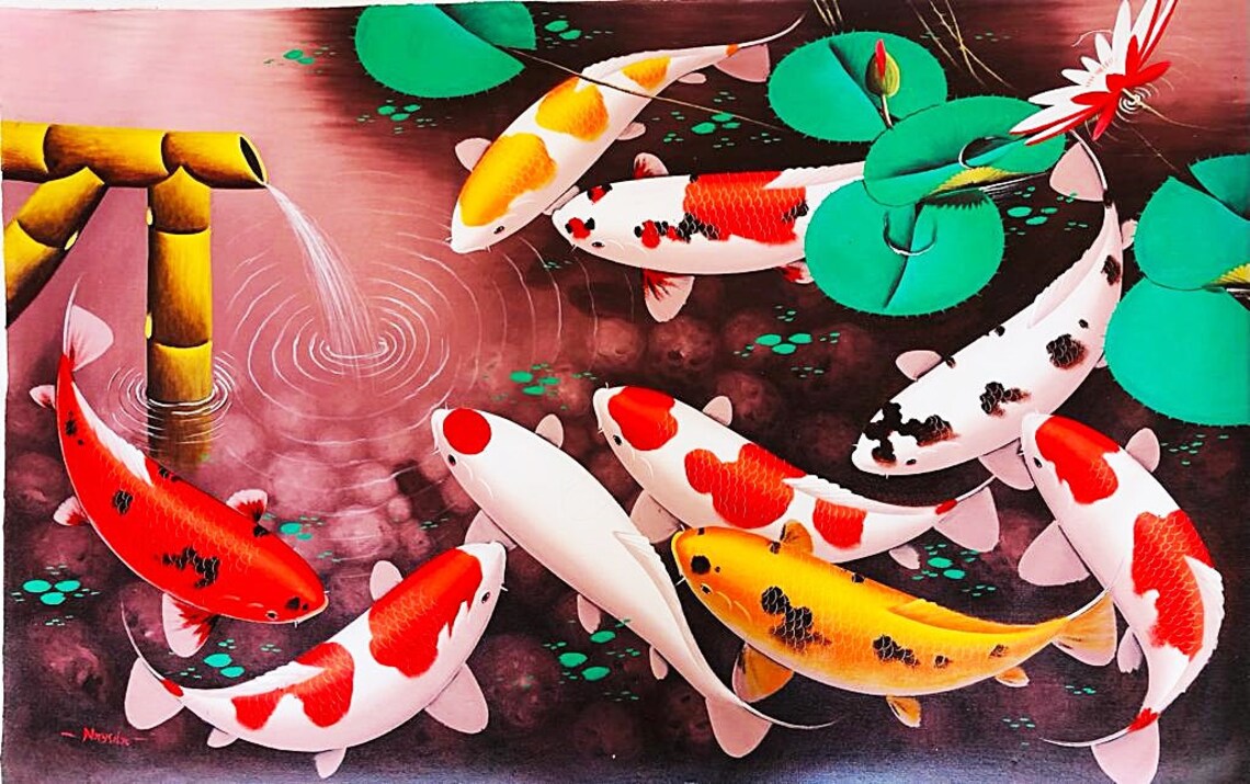 9 Koi Fish and Bamboo Fountain Wall Art Print - Image 2