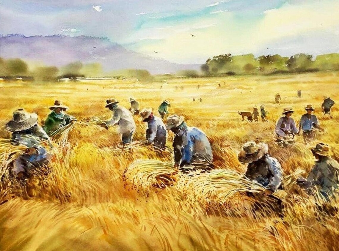 Golden Harvest Painting, Farmers At Work - Image 2
