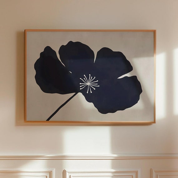 Navy Floral Art Print Moody Wall Art Minimalist Flower Wall Art Ink Blue Flower Poster Horizontal Flower Prints Modern Oversized Wall Art