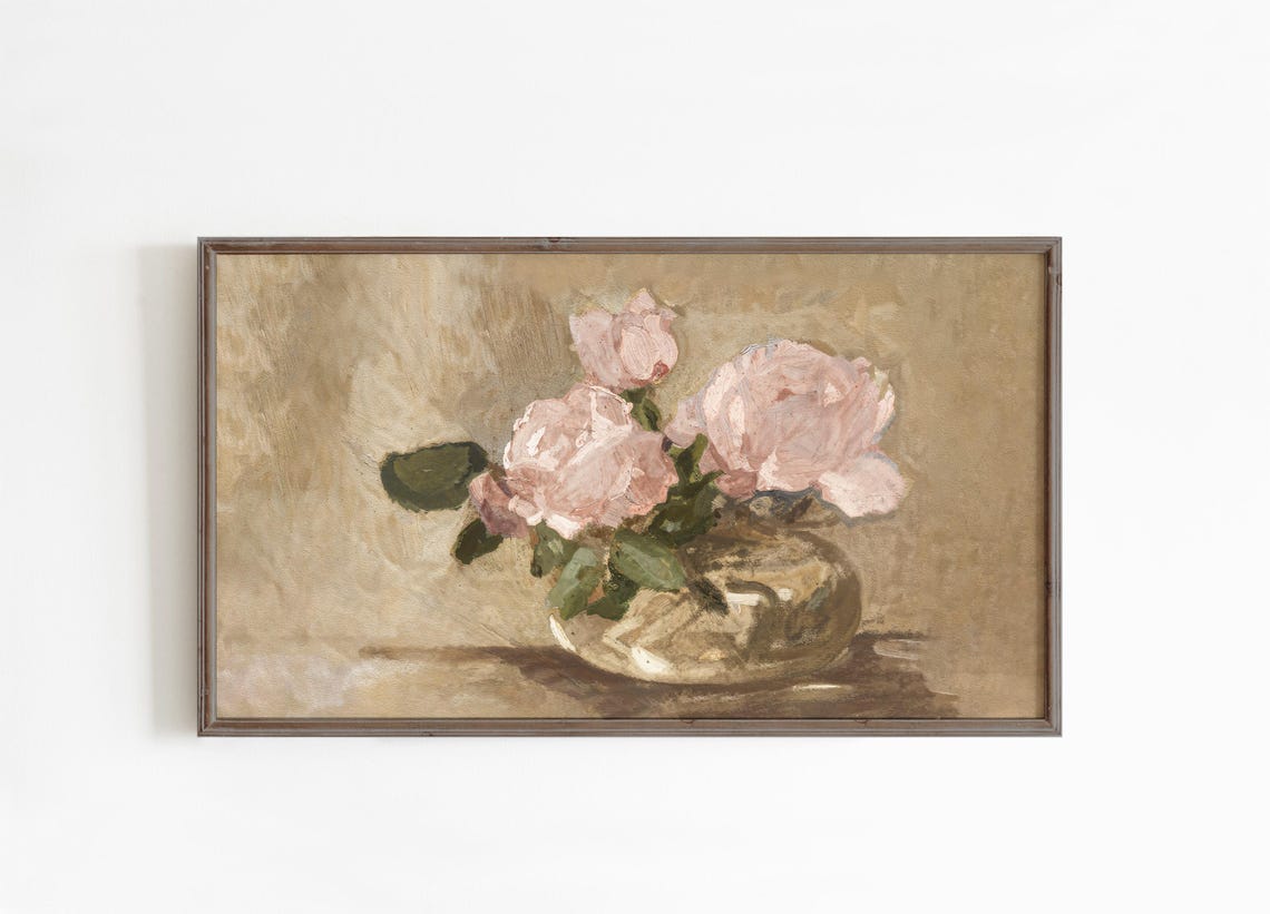 Blush Pink Roses Brass Vase Neutral Vintage Floral Still Life Wall Art - Image 3