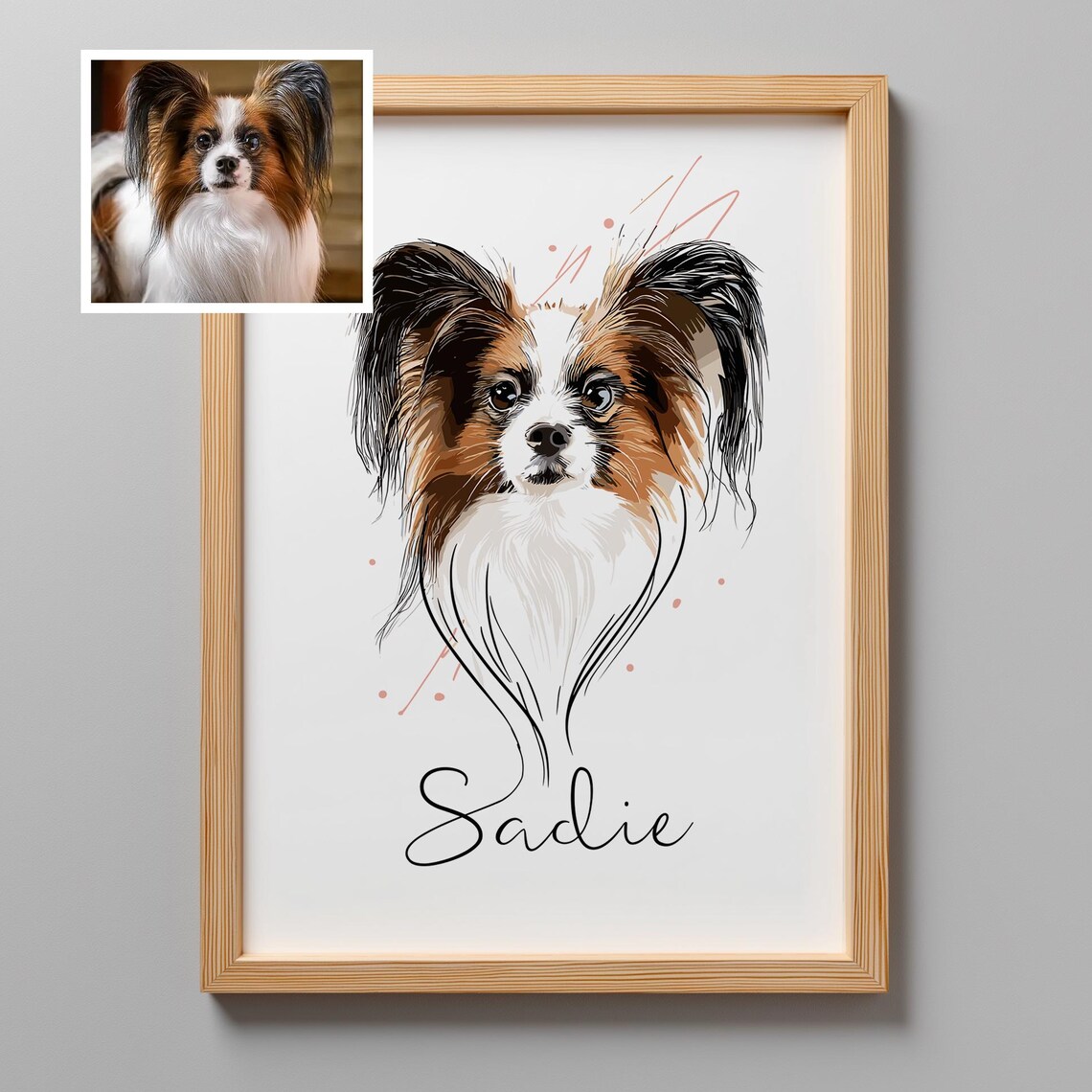Custom Papillon Dog Line Art Portrait Personalized Name Poster