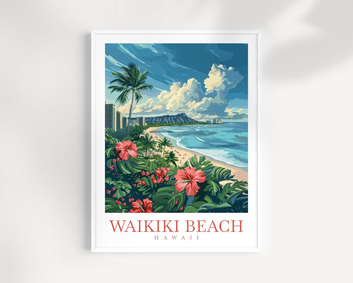 Waikiki Beach Hawaii Hibiscus Flowers Diamond Head View Poster