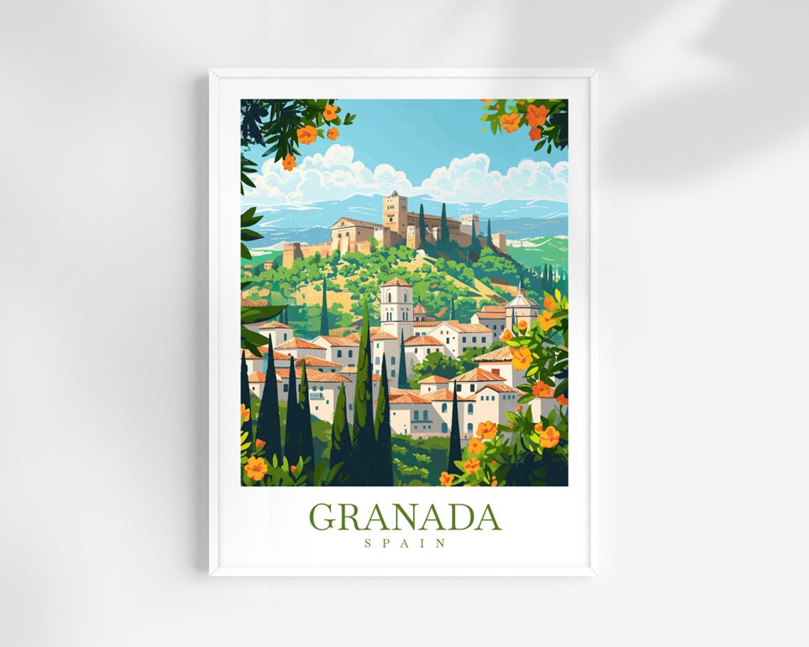 Granada Spain Alhambra Hilltop White Village Retro Travel Poster