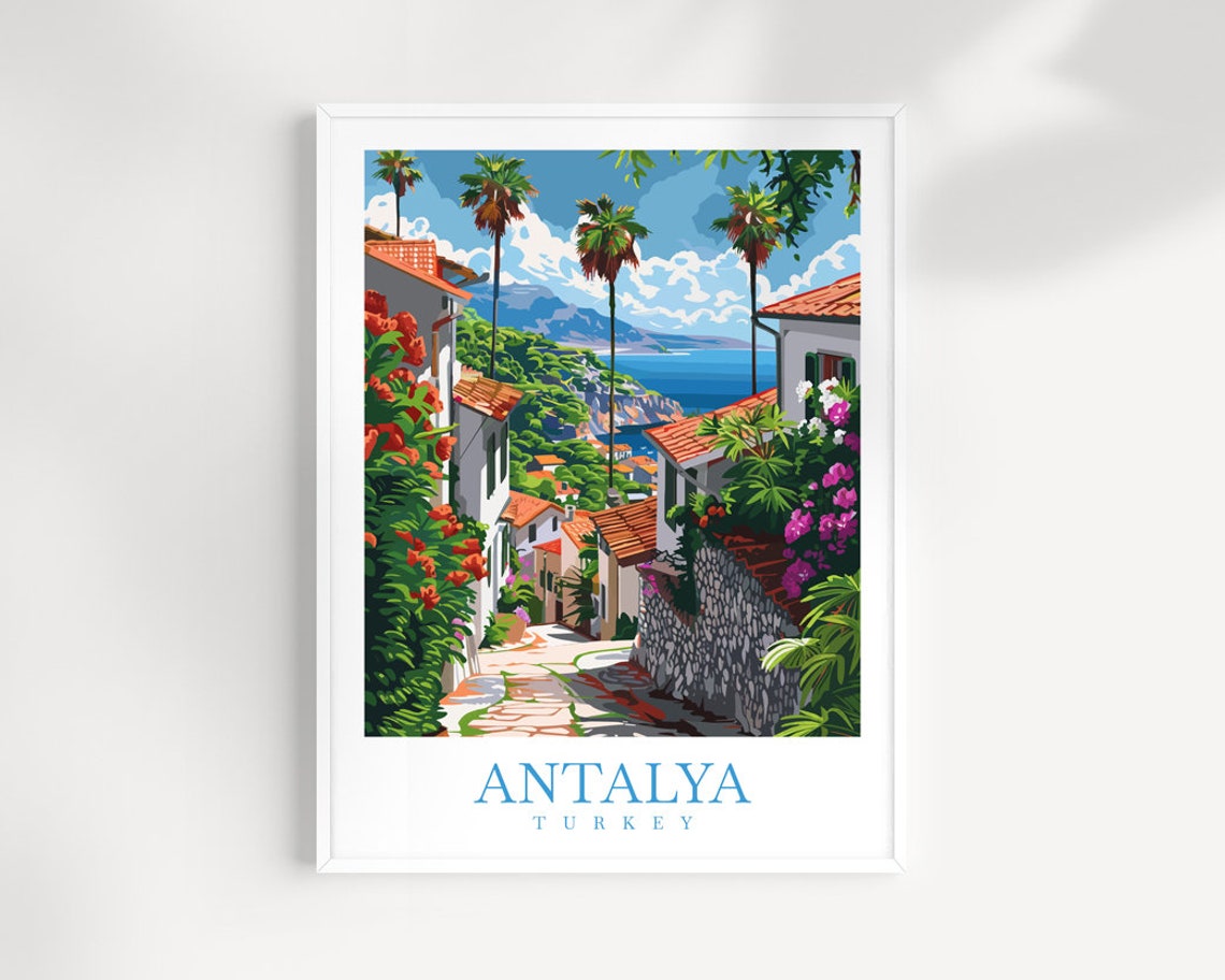 Antalya Turkey Mediterranean Alley Red Flowers Sea View Travel Poster