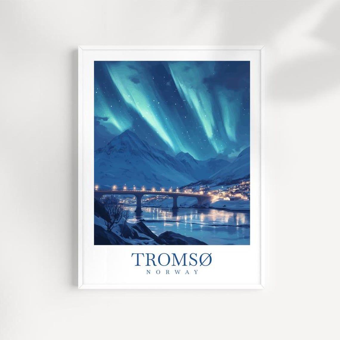 Tromso Norway Northern Lights Bridge Night Sky Travel Poster