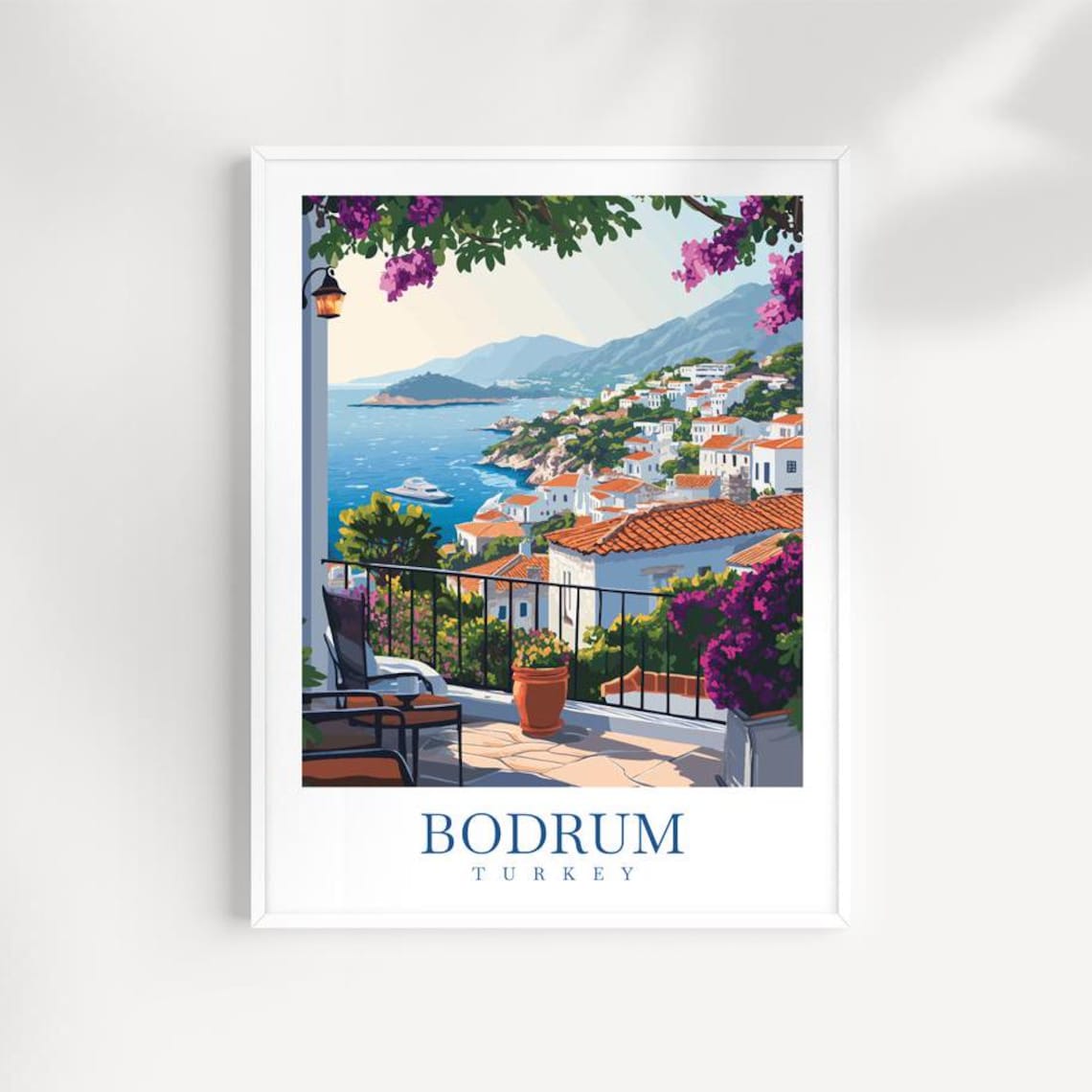 Bodrum Turkey Travel Poster Aegean Bay Terrace View Sunset Houses Art