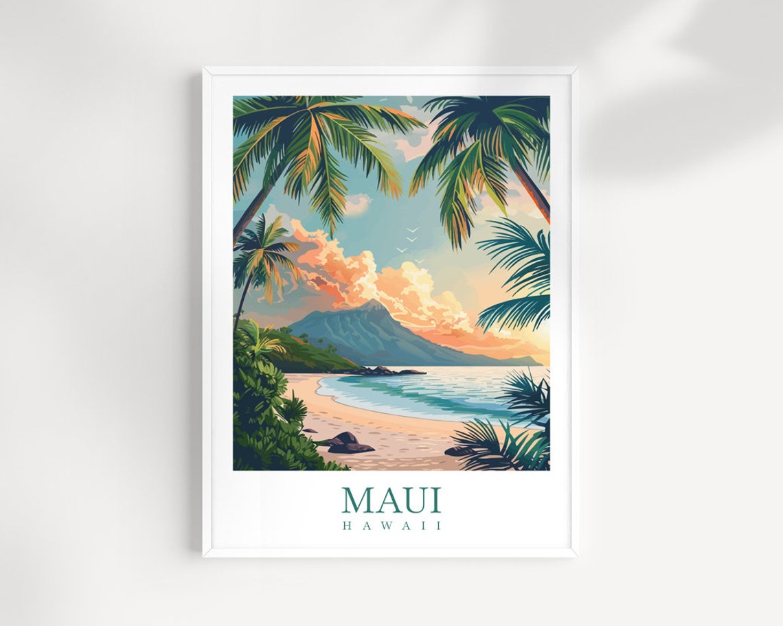 Maui Hawaii Palm Beach Sunrise Scenic Island View Travel Poster