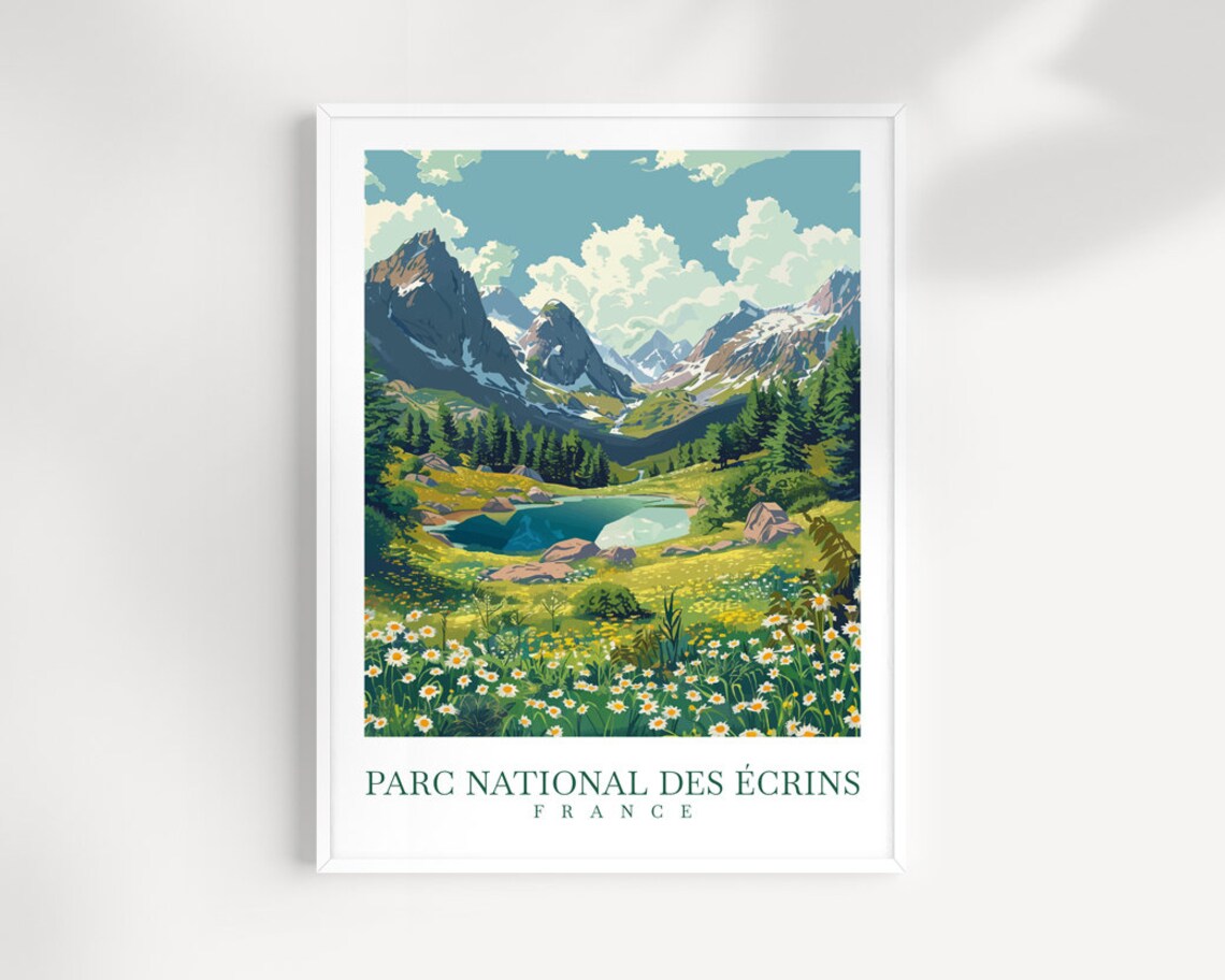 Ecrins National Park France Alpine Valley Wildflower Meadow Travel Poster