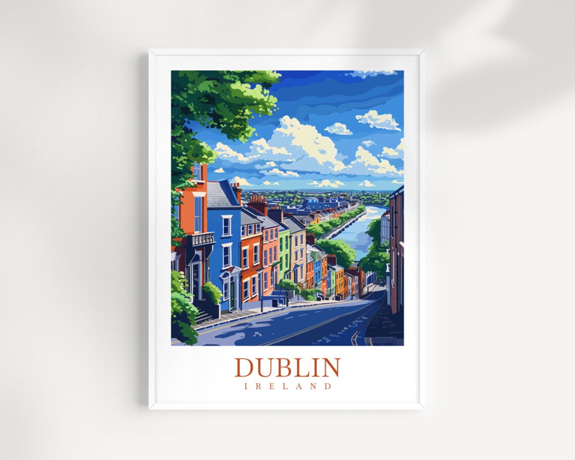 Dublin Ireland Colorful Hilltop Street River View Travel Poster