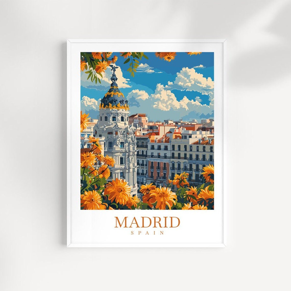 Madrid Spain Metropolis Building Orange Flowers Travel Wall Art