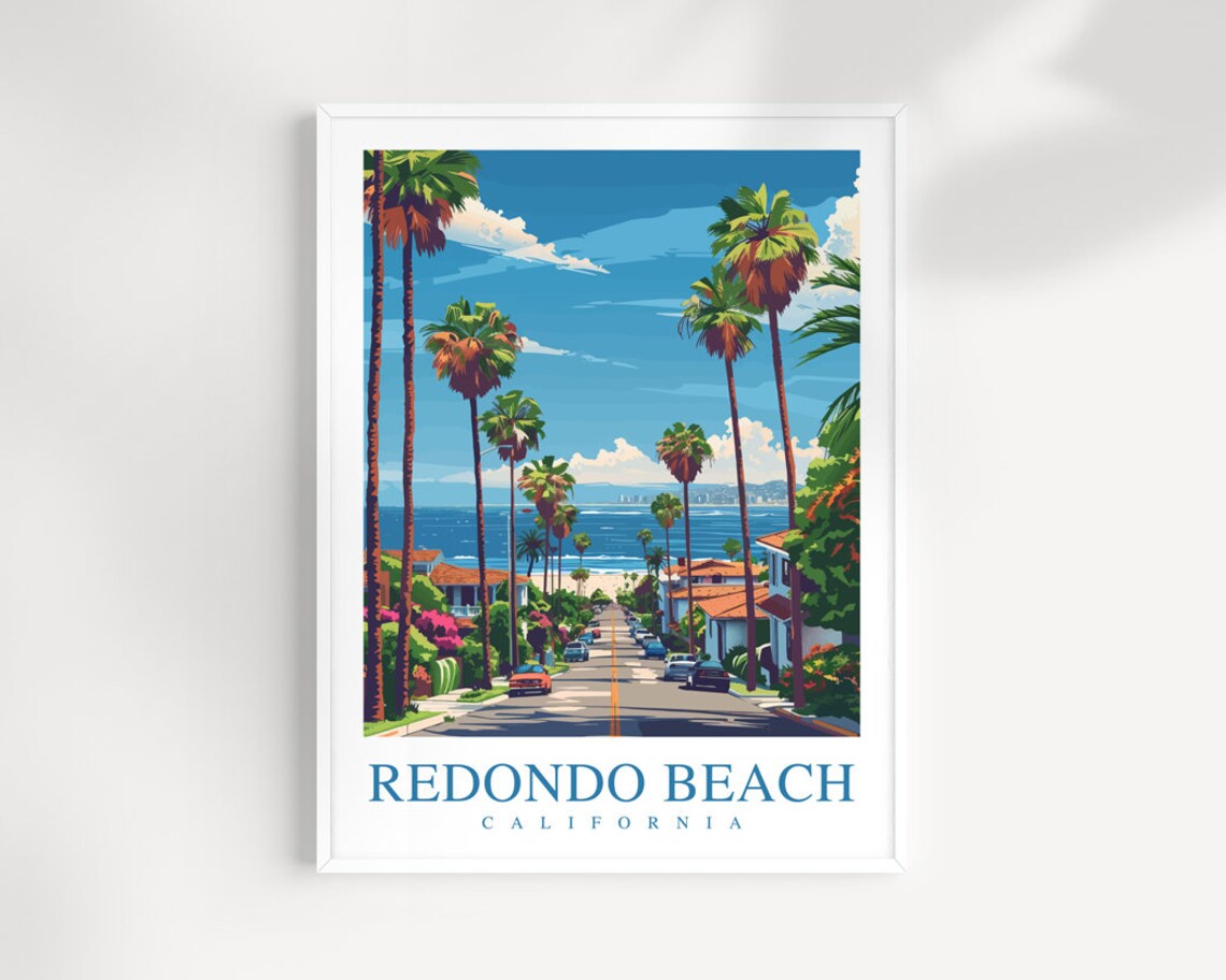 Redondo Beach California Palm Lined Street Ocean View Travel Poster