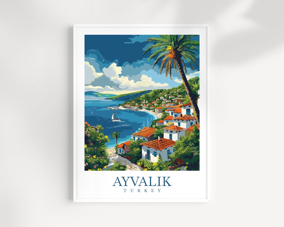 Ayvalik Turkey Aegean Coast Hillside Village Sailboat Travel Poster
