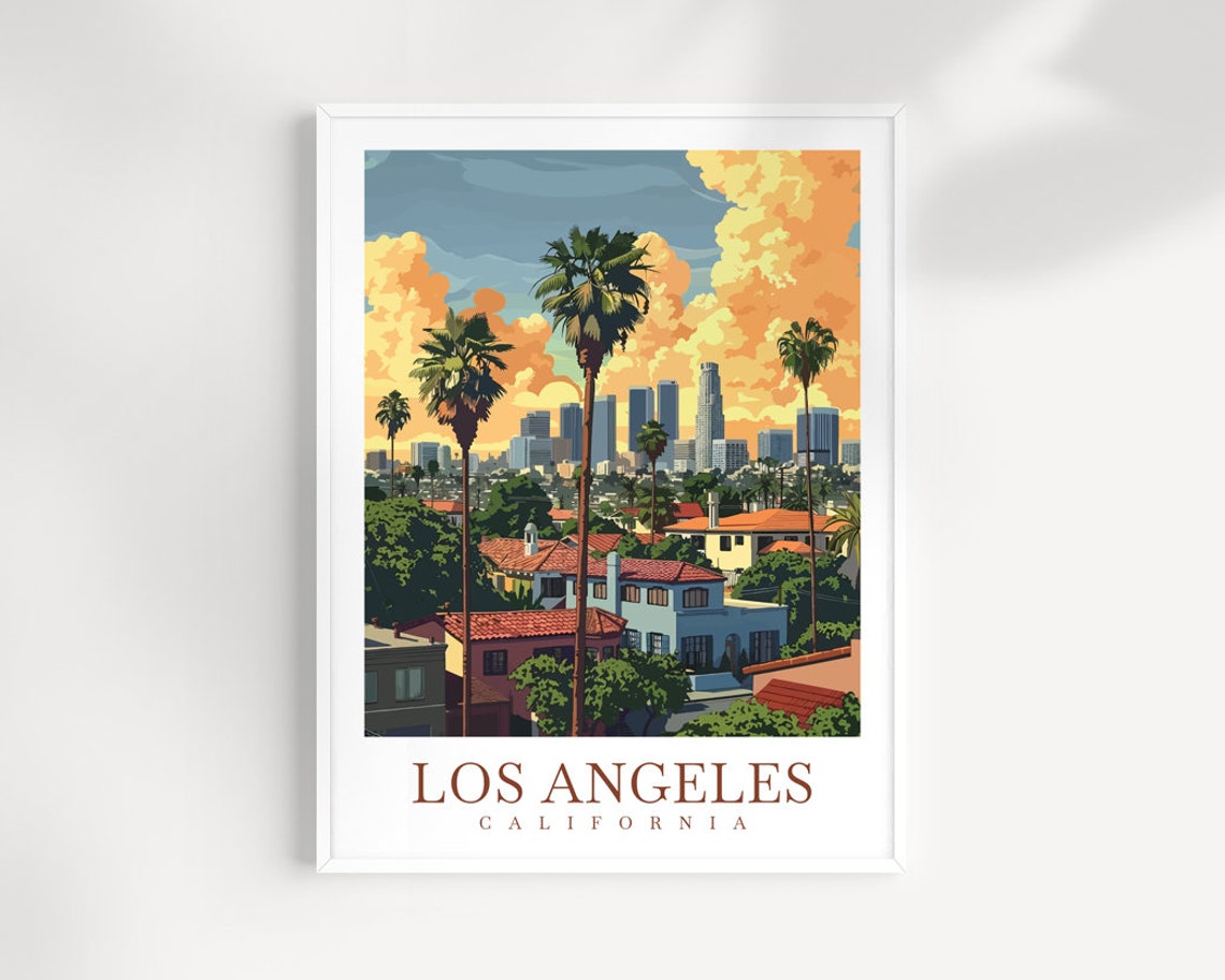 Los Angeles Downtown Skyline With Palm Trees California Travel Poster