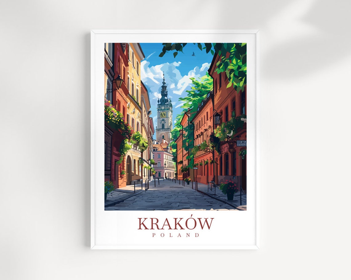 Krakow Poland Old Town Cobblestone Street Tower Travel Poster Art