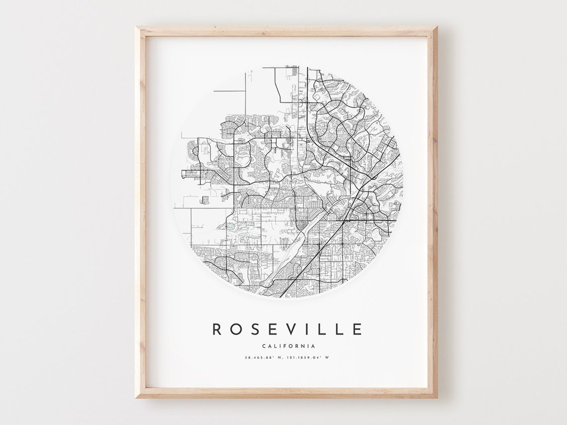 Roseville California Minimalist City Map Round Street Poster Art