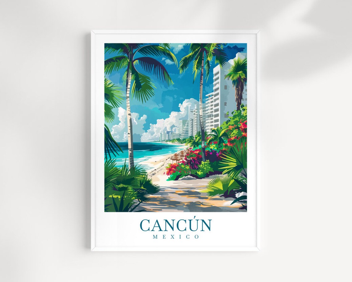 Cancun Mexico Tropical Beach Palms Hotel Coastline Art Poster