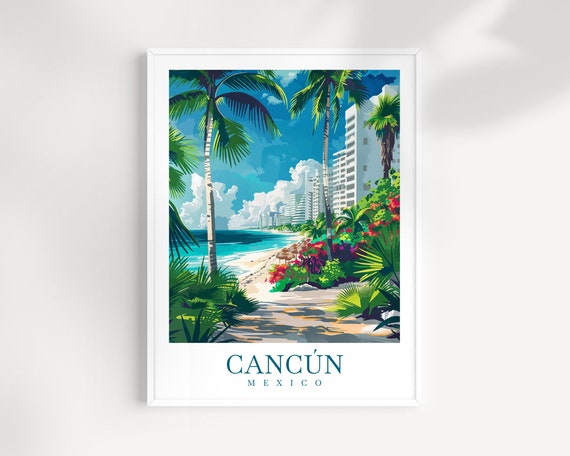 Cancun Mexico Tropical Beach Palms Hotel Coastline Art Poster