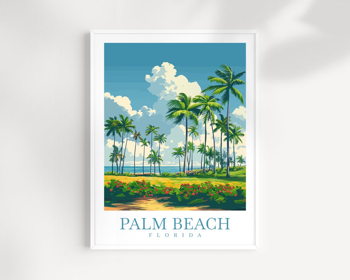 Palm Beach Florida Palm Grove Red Flowers Ocean Horizon Poster