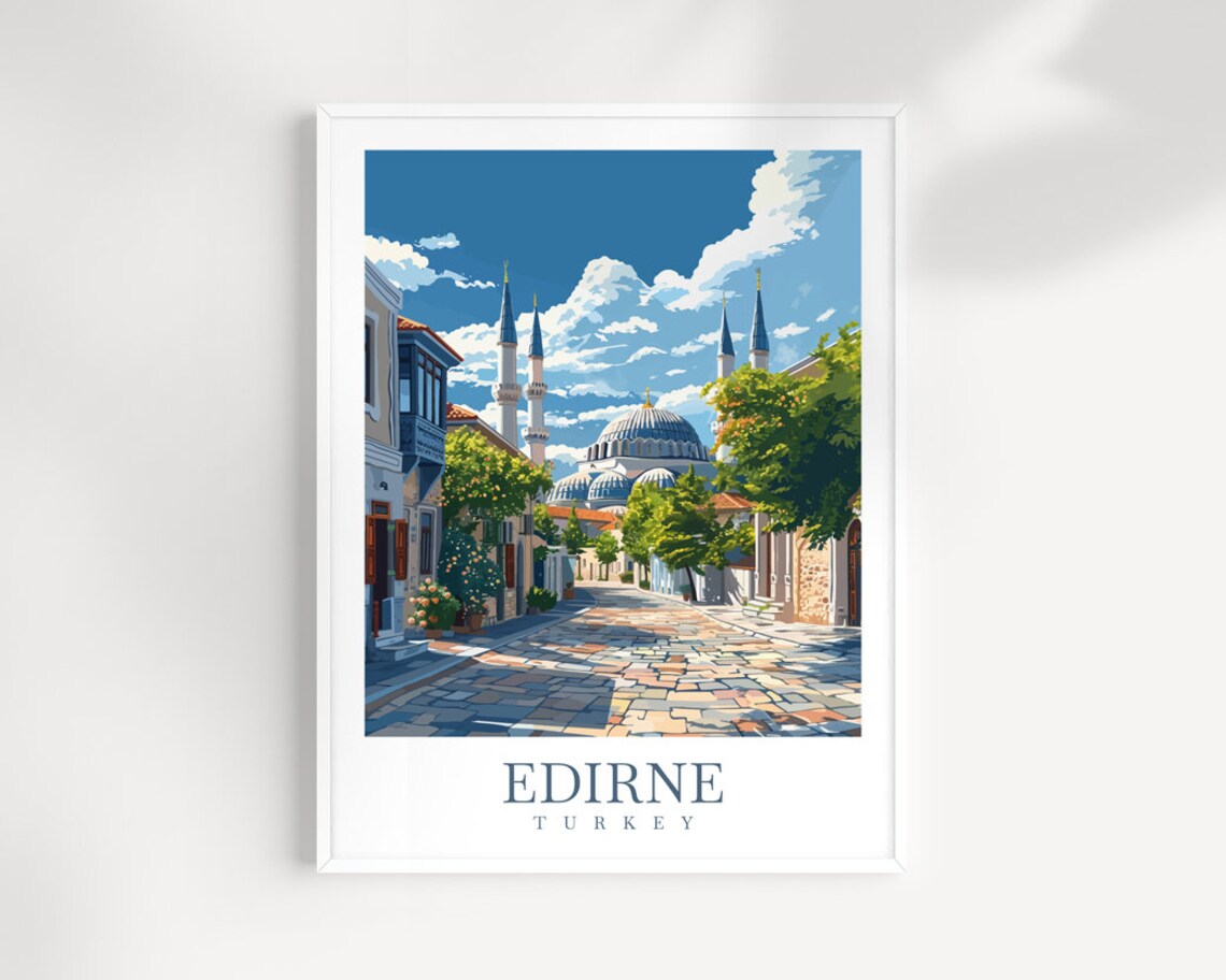 Edirne Turkey Mosque Minarets Old Street Historic Travel Poster