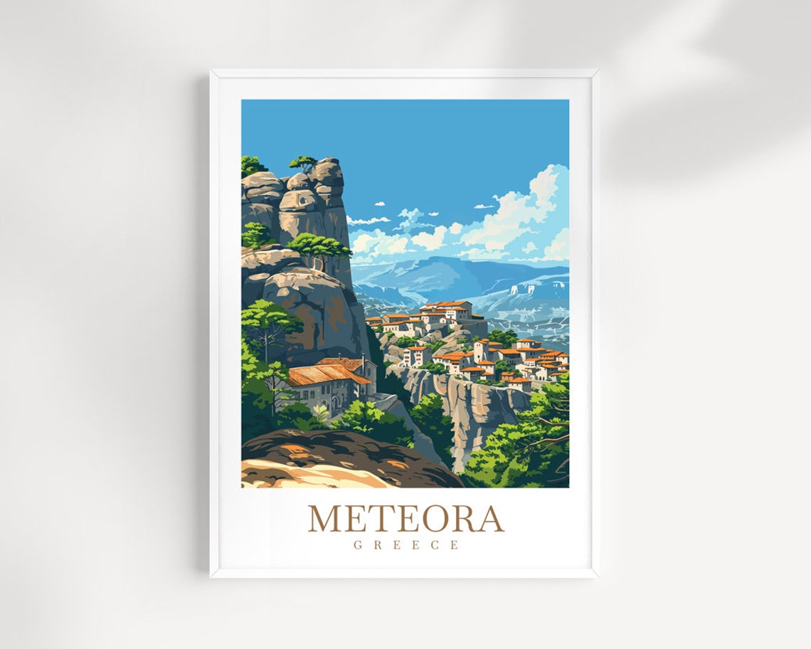 Meteora Greece Rocks Poster Cliff Village Dramatic Sky Landscape Art