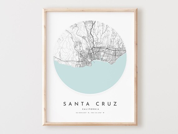 Santa Cruz California Circular Coastal City Street Map Art Poster