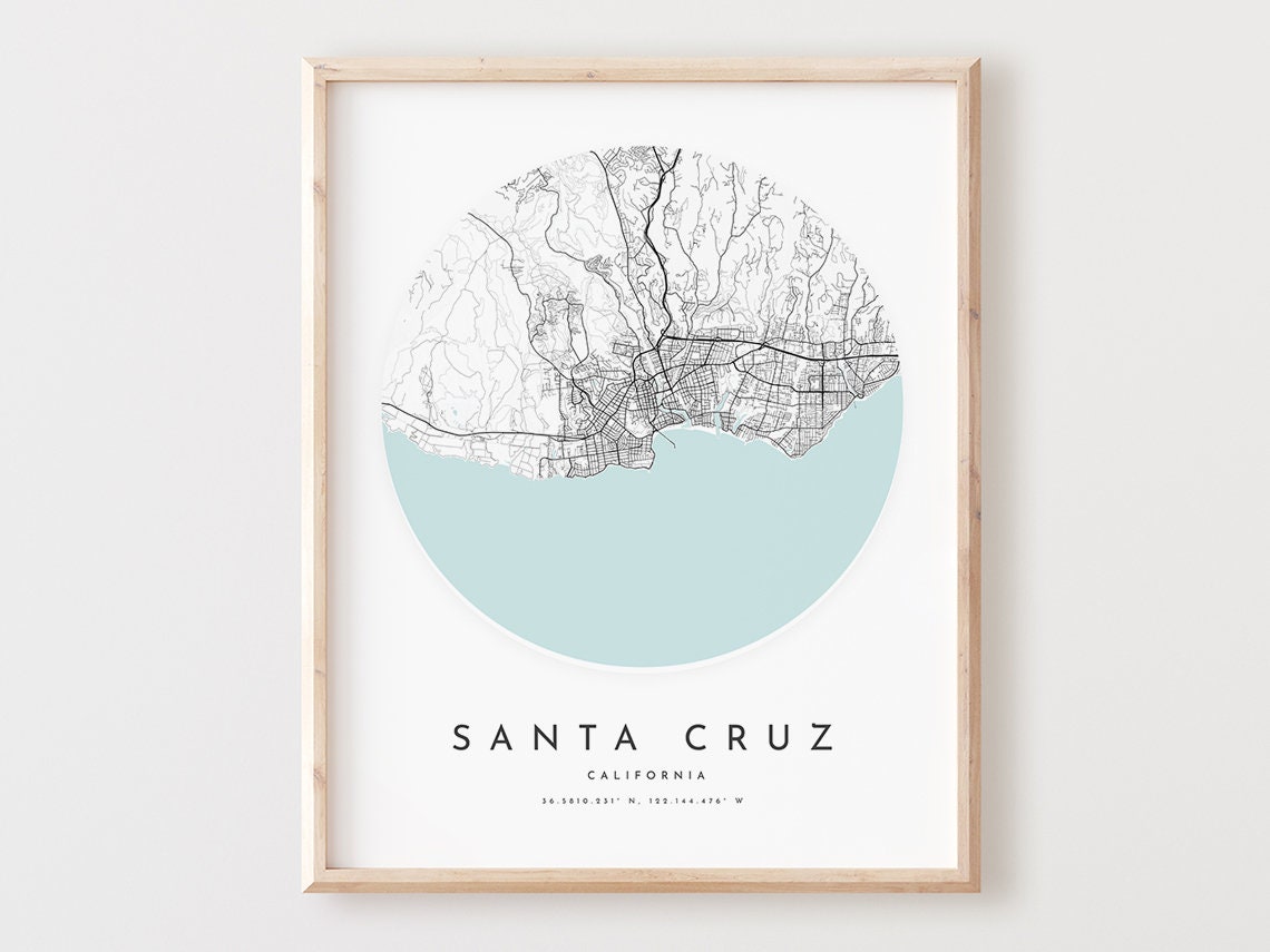 Santa Cruz California Circular Coastal City Street Map Art Poster