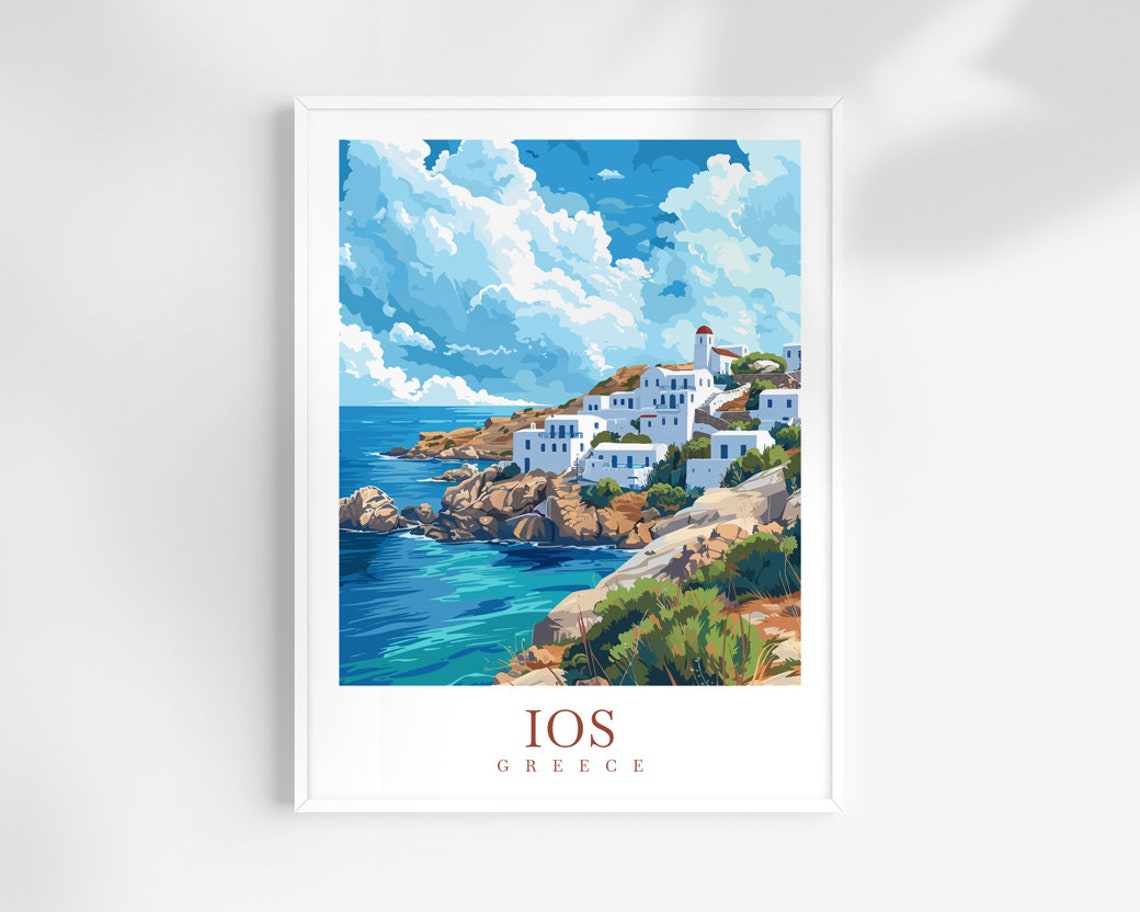 Ios Greece Whitewashed Village Rocky Cliffs Sea Travel Poster