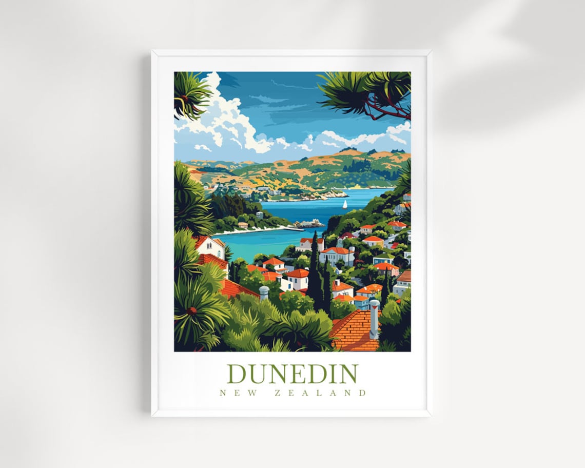 Dunedin Otago New Zealand Coastal Harbor City View Travel Poster
