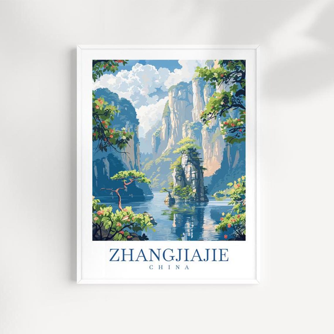 Zhangjiajie China Sandstone Pillars Lake Illustrated Travel Art Poster