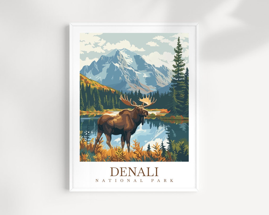 Denali National Park Moose by Alpine Lake Vintage Wildlife Poster