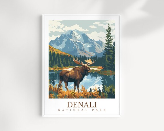 Denali National Park Moose by Alpine Lake Vintage Wildlife Poster