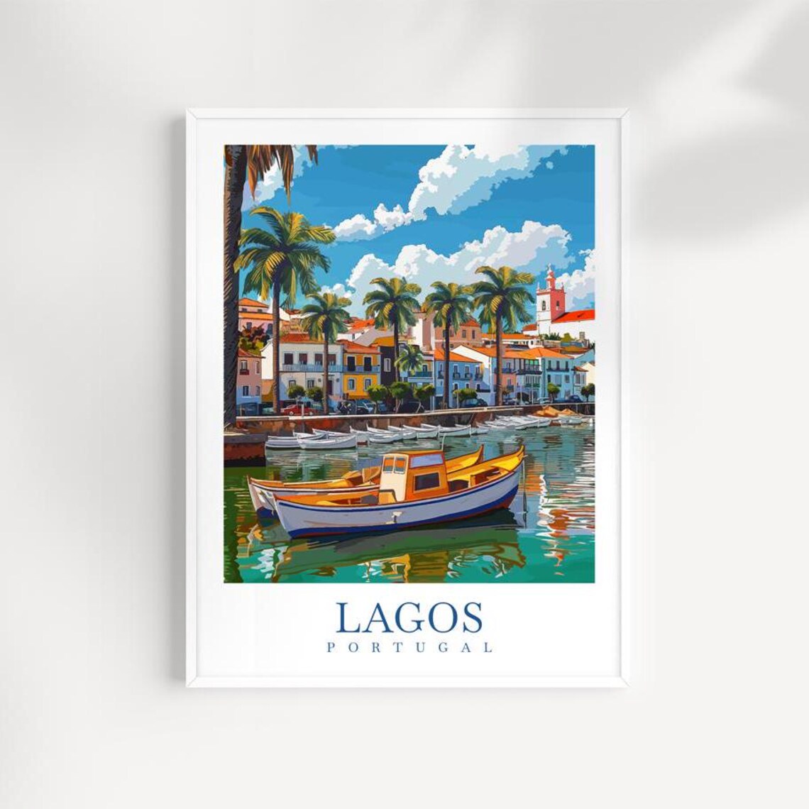 Lagos Portugal Harbor With Boats And Palms Illustrated Travel Poster