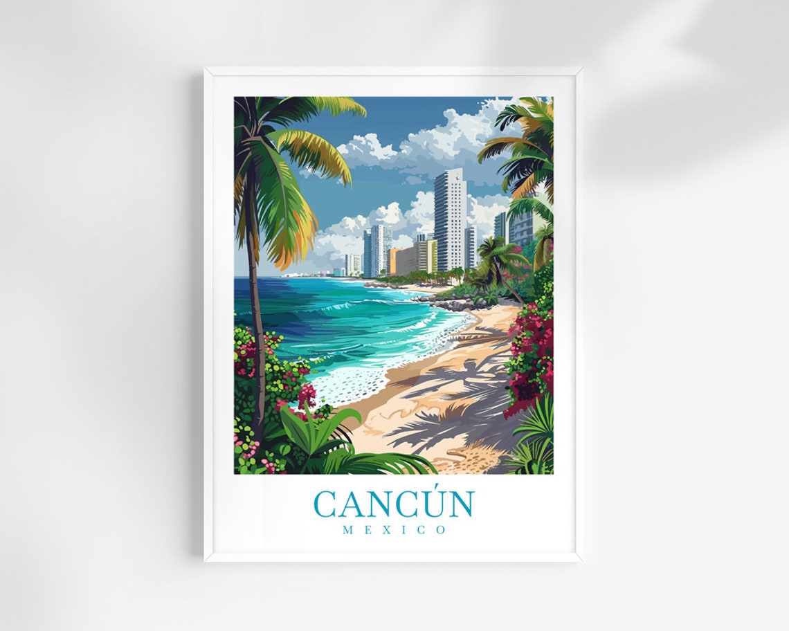 Cancun Mexico Sunny Hotel Zone Beach High Rises Travel Poster Art