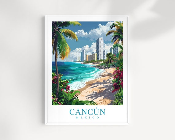 Cancun Mexico Sunny Hotel Zone Beach High Rises Travel Poster Art