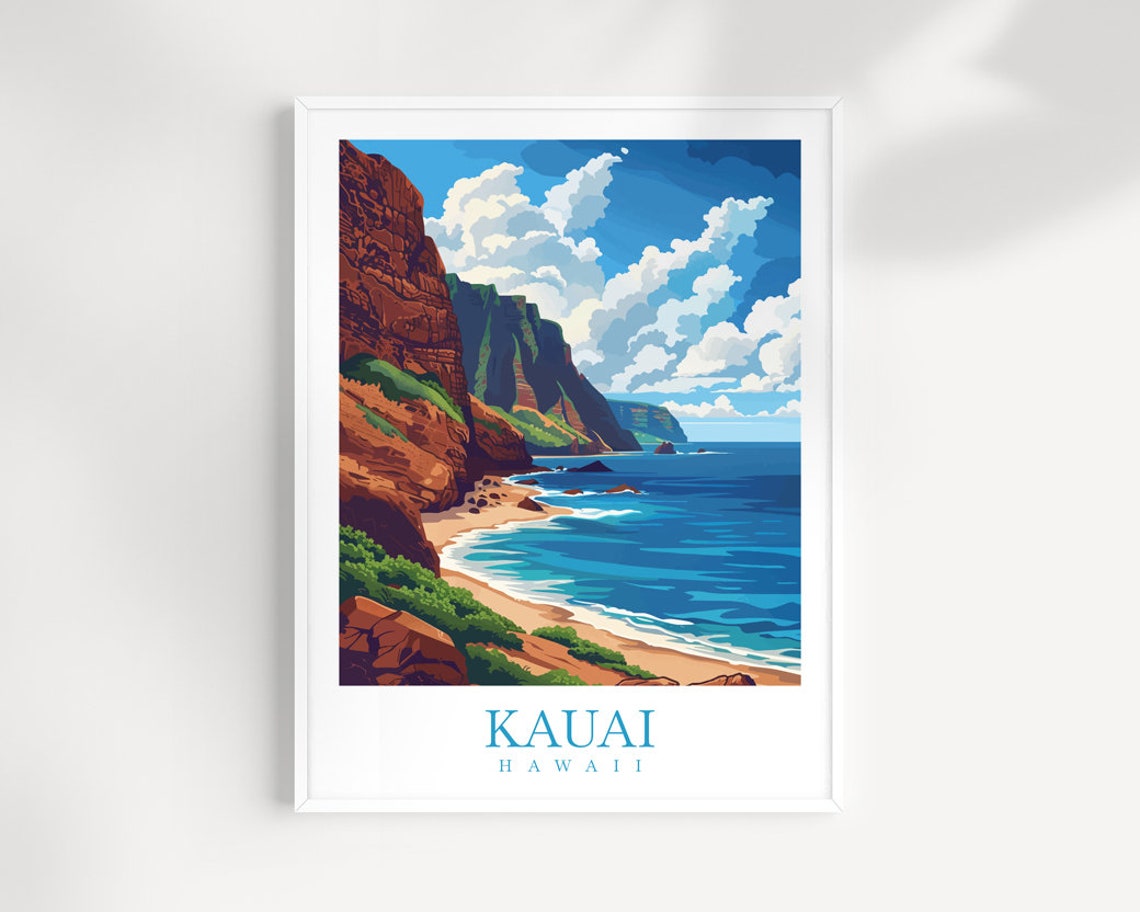 Kauai Hawaii Dramatic Red Cliffs Beach Coast Island Travel Poster