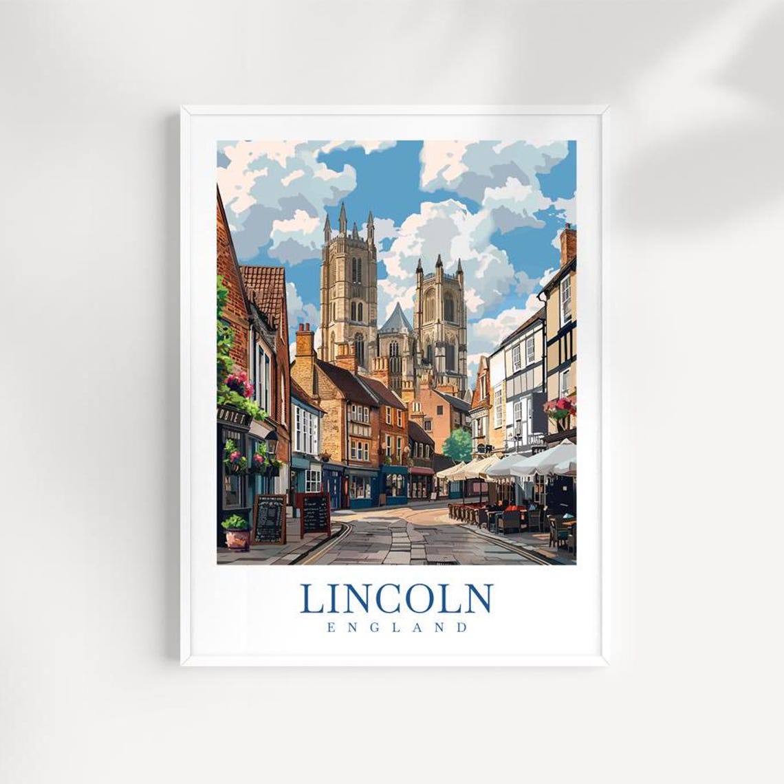 Lincoln England Cathedral Cobblestone Old Street Travel Poster
