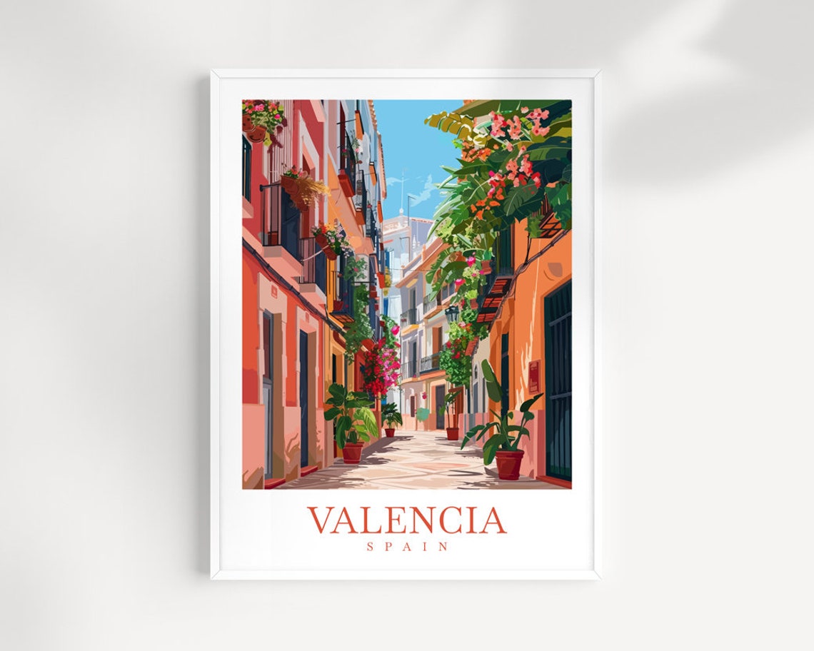 Valencia Spain Flower Lined Street Pink Buildings Vintage Poster