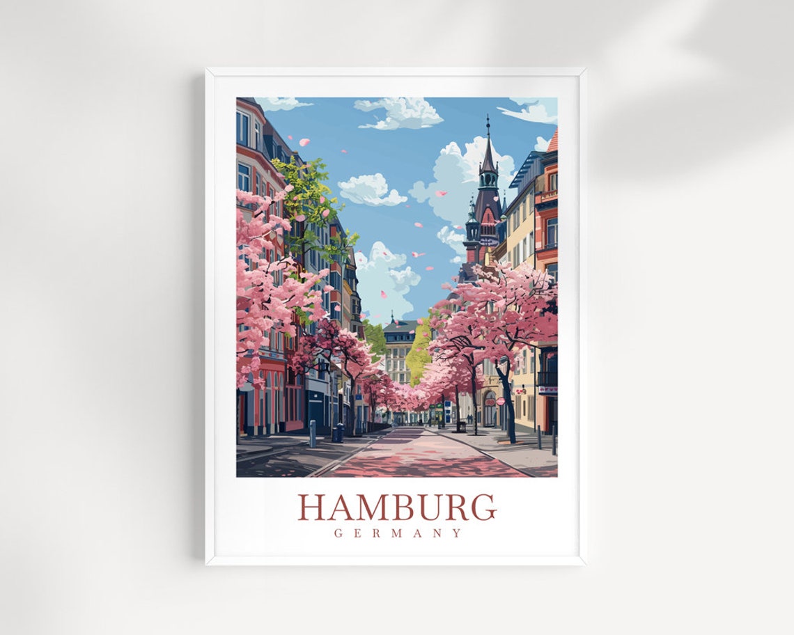 Hamburg Germany Cherry Blossom Street With Church Tower Poster