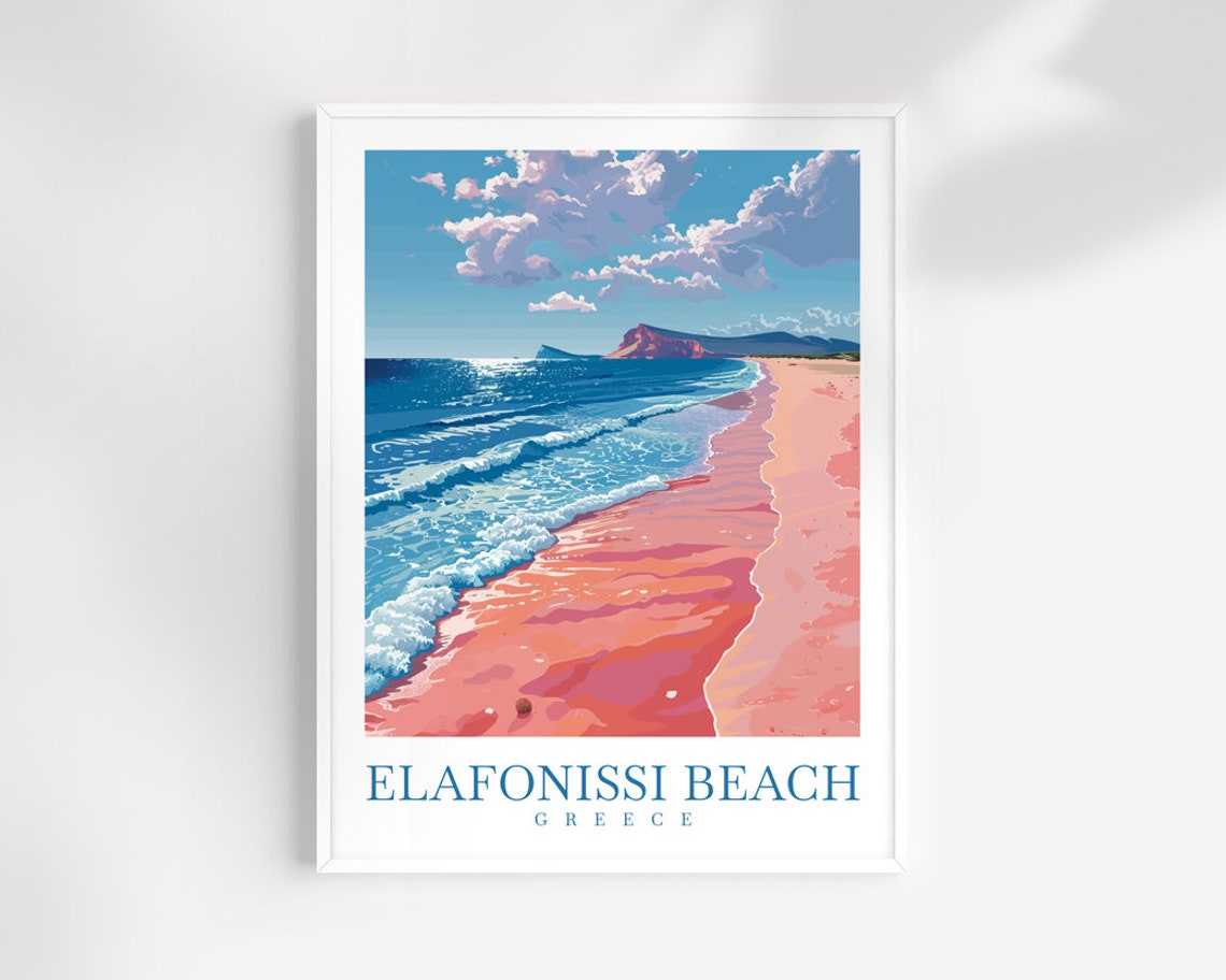 Elafonissi Beach Greece Pink Sand Shoreline Waves Travel Poster