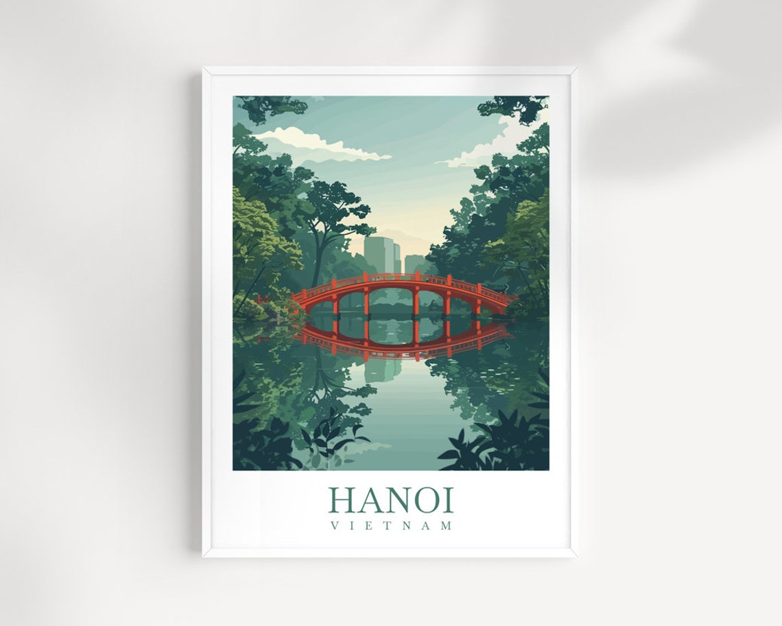 Hanoi Vietnam Iconic Red Arched Bridge Poster Over Emerald Lake