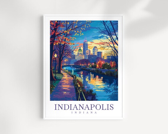 Indianapolis Indiana River Sunset Downtown Skyline Travel Poster