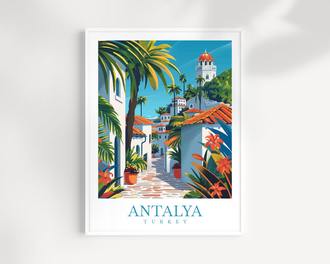 Antalya Turkey Palm Street Flowered Tower Vintage Travel Poster