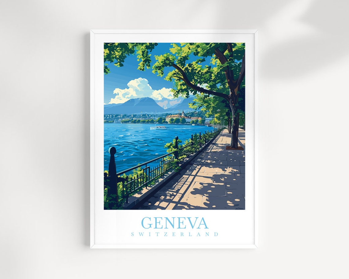 Geneva Switzerland Lakeside Promenade Mountain View Travel Poster