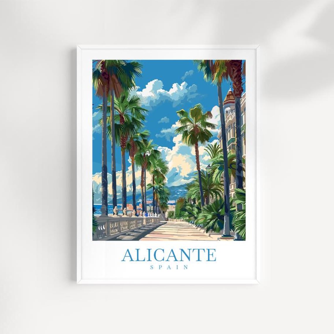 Alicante Spain Palm Promenade Seaside Walk Vintage Travel Poster