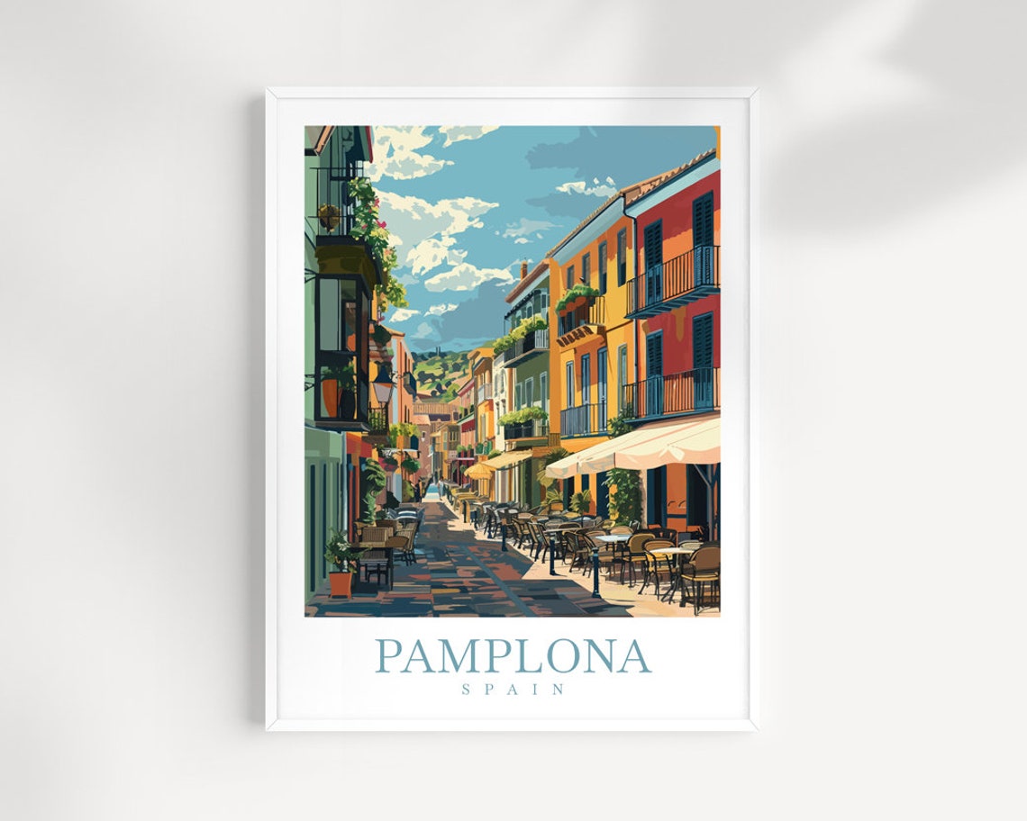 Pamplona Spain Colorful Old Town Cafe Street Balcony Travel Poster