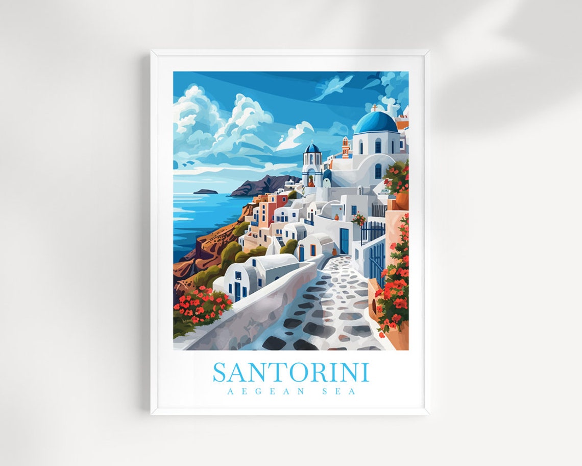 Santorini Greece Blue Domes Village Aegean Sea Travel Poster